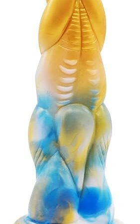 8 inch Fantasy Dildo, Cute, Kawaii, Extra Stimulation Gold Blue Ribbed, Suction Cup, Ridges, Knotted, Flat Head, Expanded, Crazy Exotic, Unusual, Anal Sex Toy