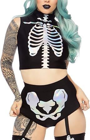 Women's 2 Pc Holographic Skeleton Costume Set