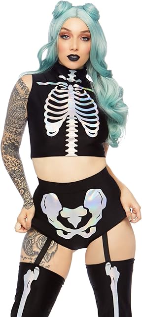 Women's 2 Pc Holographic Skeleton Costume Set