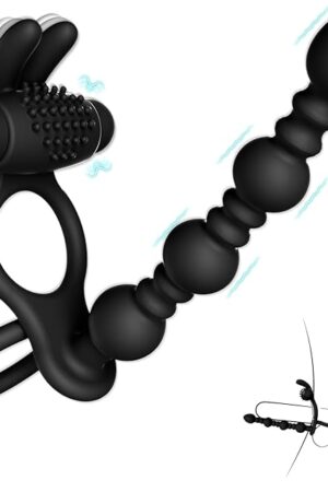 Vibrating Cock Ring with Anal Beads and Bullet Vibrator - 10 Strong Modes - Penis Ring Adult Sex Toys for Men and Women Provides Clitoral, G Spot, and Butt Plug Stimulation for Couples