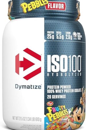 Dymatize x Fruity Pebbles ISO100 Whey Protein Powder Isolate, 25g of Protein, 20 Servings, 55g BCAAs, 120 Cal, Gluten Free, 1g Fat, 1g Sugar, 2g Carb