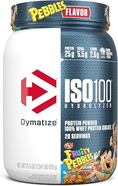 Dymatize x Fruity Pebbles ISO100 Whey Protein Powder Isolate, 25g of Protein, 20 Servings, 55g BCAAs, 120 Cal, Gluten Free, 1g Fat, 1g Sugar, 2g Carb