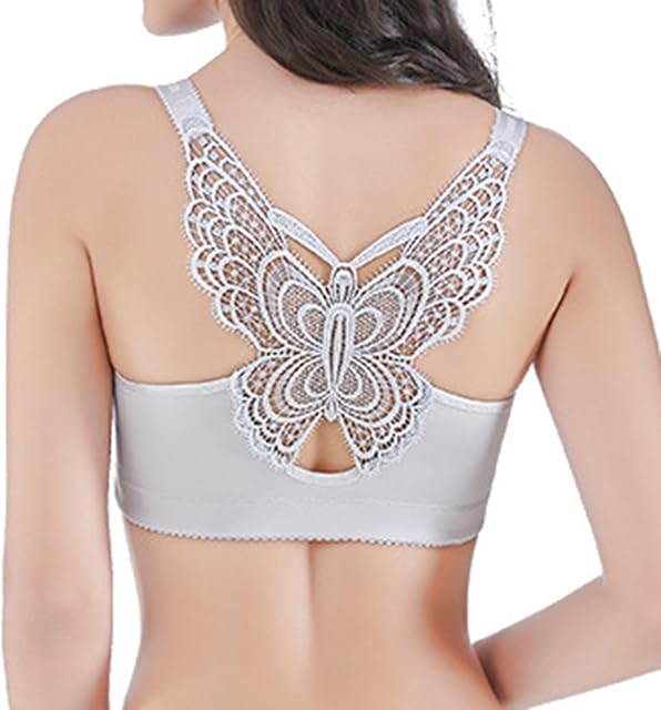 Women Butterfly Bra Front Closure Wireless Sexy Push Up Bra for Thin Fashionable Casual Convertible Bra Soft Everyday Bra Grey, 38