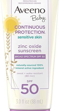 Aveeno Baby Continuous Protection Zinc Oxide Mineral Sunscreen Lotion for Sensitive Skin, Broad Spectrum SPF 50, Tear-Free, Sweat- & Water-Resistant, Paraben-Free, Travel-Size, 3 fl oz