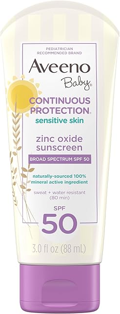 Aveeno Baby Continuous Protection Zinc Oxide Mineral Sunscreen Lotion for Sensitive Skin, Broad Spectrum SPF 50, Tear-Free, Sweat- & Water-Resistant, Paraben-Free, Travel-Size, 3 fl oz