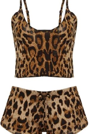 Camisole Top and Shorts Pajamas Sets for Women Soft Lingerie Two Piece Sexy Lingerie Set Leopard Cami Top Exotic
