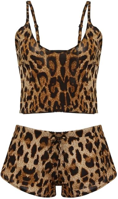 Camisole Top and Shorts Pajamas Sets for Women Soft Lingerie Two Piece Sexy Lingerie Set Leopard Cami Top Exotic