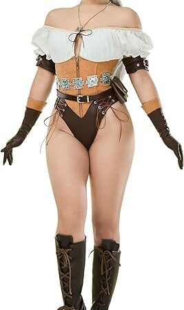 Women's Game Cosplay Costume Sexy Bodysuit Medieval Halloween Lingerie Set Bodycon with Belt Gloves and Bag