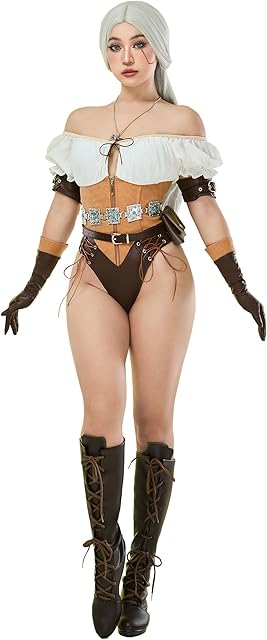 Women's Game Cosplay Costume Sexy Bodysuit Medieval Halloween Lingerie Set Bodycon with Belt Gloves and Bag