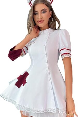 Women's Sexy Nurse Costume 4 Pack Lace Skirt Nurse Dress Naughty Cosplay Costume Uniform with Headband