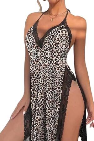 Women Sheer Lingerie, Lace V Neck Side Split Backless Babydoll Nightgown for Summer Dress, Lingerie Party, Sleepwear