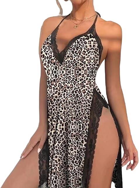 Women Sheer Lingerie, Lace V Neck Side Split Backless Babydoll Nightgown for Summer Dress, Lingerie Party, Sleepwear