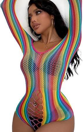 Women Rainbow Fishnet Rave Outfit Swimwear Bikini Cover Up Mini Dress Festival Costume