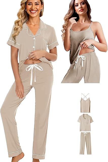 Womens 3Pcs Soft Pajama Sets Sexy Camisole Lingerie XS-4XL Knit Pajamas Set Sleepwear Pjs Nightwear - Size: Large