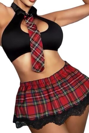 HOTSO Women Plaid Skirt Costume Plus Size Student Outfits Sexy Maid Nurse Cosplay Lingerie with Necktie (Black+Red, M)