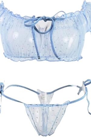 2 Piece Women Sexy Lingerie Bra and Panty Set Ruffle Lingerie Set Mesh Off Shoulder Chemise Sleepwear, Blue Dot M