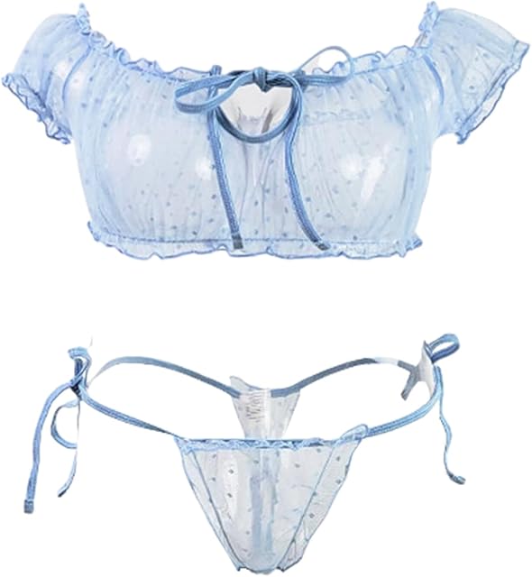 2 Piece Women Sexy Lingerie Bra and Panty Set Ruffle Lingerie Set Mesh Off Shoulder Chemise Sleepwear, Blue Dot M