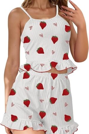 Women's Ruffle Cami Pamajas Sets Sexy Shorts Sleepwear Cute Strawberry Print Ribbed Knit Summer Nightwear