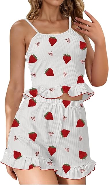 Women's Ruffle Cami Pamajas Sets Sexy Shorts Sleepwear Cute Strawberry Print Ribbed Knit Summer Nightwear