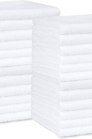 Amazon Basics Fast Drying Cotton Washcloths for Bathroom, Machine Washable, Soft and Highly Absorbent, 12 x 12 in, White, 24-Pack