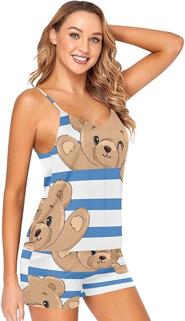 Cute Teddy Bear Pajama Set for Women Sexy Lingerie Satin Sleepwear Cami Shorts Nightgowns