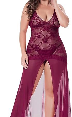 Women's Floral Lace Plus Size Babydoll Lingerie Set Sexy Split Maxi Long Nightgown Dress