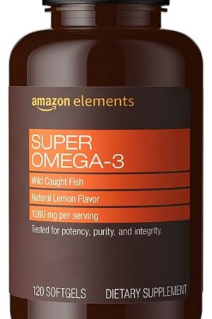 Amazon Elements Super Omega-3, EPA & DHA Omega-3 fatty acids (1280 mg per Serving, 2 Softgels), Natural Lemon Flavor, 120 Count (Packaging may vary)