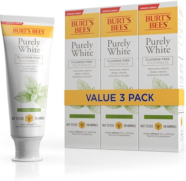Burt's Bees Toothpaste, Natural Flavor, Fluoride-Free, Purely White, Zen Peppermint, 47 oz, Pack of 3