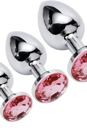 Butt Anal Plug Trainer Kits, 3Pcs Metal Butt Anal Plugs Massage Anal Trainer Toys for Couple Games, 3 Sizes with Pink Crystal Jewels