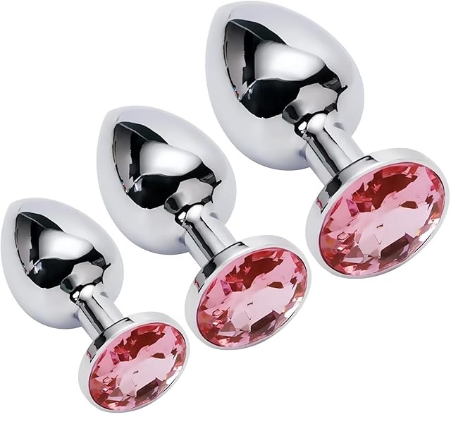 Butt Anal Plug Trainer Kits, 3Pcs Metal Butt Anal Plugs Massage Anal Trainer Toys for Couple Games, 3 Sizes with Pink Crystal Jewels