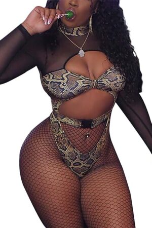 Women Rave Snakeskin Front Buckle Sheer Bodysuit Halterneck Swimsuit Long Sleeve for Dance Party Clubwear