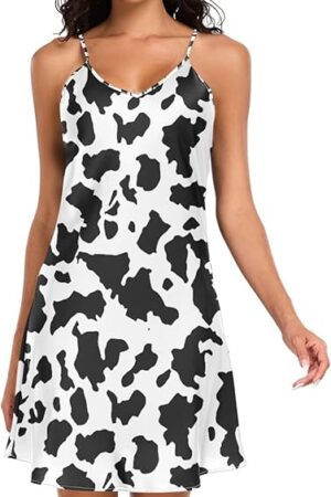 Womens Satin Nightgown Spaghetti Strap Cow Print Sleepwear Sexy V Neck Lingerie Dress Nightwear
