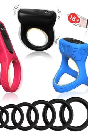 Vibrating Cock Ring, Penis Ring with Mini Vibrator, 9 PCS Cock Rings for Men Erection Sex, Silicone Vibrating Adjustable for Erection Enhancing and Sex Longer Lasting Stronger Testicle, Male Sex Toys