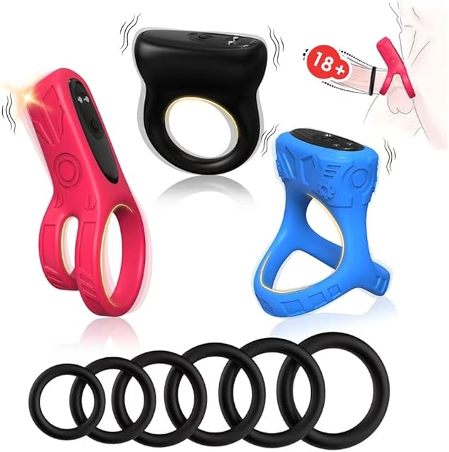 Vibrating Cock Ring, Penis Ring with Mini Vibrator, 9 PCS Cock Rings for Men Erection Sex, Silicone Vibrating Adjustable for Erection Enhancing and Sex Longer Lasting Stronger Testicle, Male Sex Toys