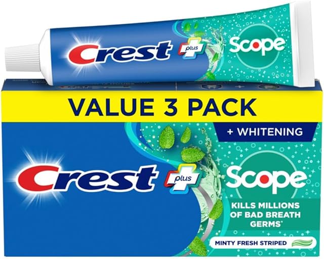 Crest + Scope Whitening Toothpaste - Pack of 3, 54 Oz Tubes - Anticavity Fluoride Toothpaste, Fresh Breath, Kills Germs - Tartar Protection, Enamel Protection - Minty Fresh Flavor
