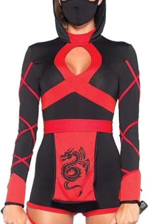 Women's 3 Pc Dragon Ninja Costume with Hooded Romper, Waist Sash, Face Mask