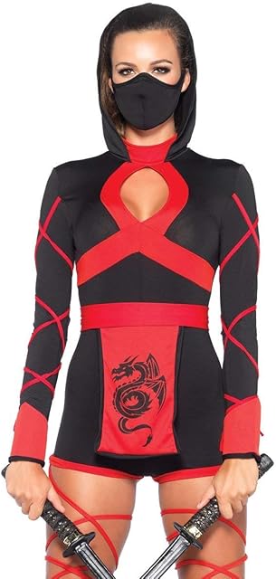 Women's 3 Pc Dragon Ninja Costume with Hooded Romper, Waist Sash, Face Mask