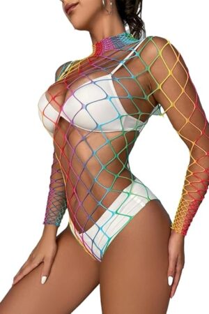 Womens Sexy Lingerie Set Fishnet BabyDoll Bodysuit Nightwear Christmas rainbow color