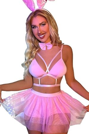 Women's Sexy Bunny Rave Outfits Mesh Cosplay Lingerie Metallic Crop Top Pink Bodysuit Suit Festival Outfits Plus Size