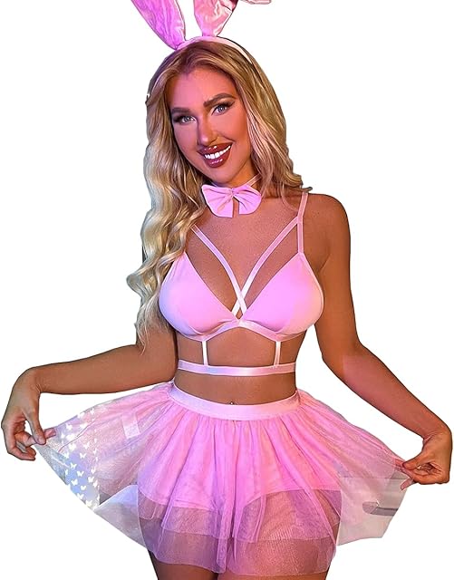 Women's Sexy Bunny Rave Outfits Mesh Cosplay Lingerie Metallic Crop Top Pink Bodysuit Suit Festival Outfits Plus Size