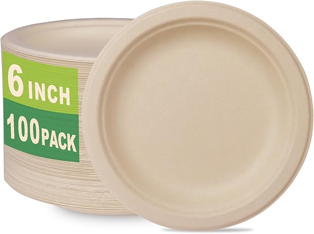 GreenWorks 100 Count 6? Small Compostable Dessert Plates, Heavy-duty Unbleached Biodegradable Bagasse and Bamboo fiber Paper Plates