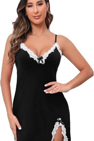 Women Babydoll Lingerie Nightgown Chemises Lace Sleepwear V-Neck Full Slip Sleep Dress S-6XL