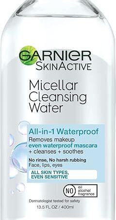 Garnier Micellar Water For Waterproof Makeup, Hydrating Facial Cleanser & Makeup Remover, Suitable for Sensitive Skin, Vegan, Cruelty Free, 135 Fl Oz (400mL), 1 Count