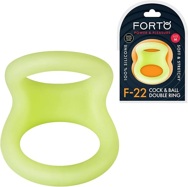 Forto F-22 Liquid Silicone D-Ring Soft Stretchy Double Penis & Testicle Ring for Enhanced Erections & Stamina Waterproof, Body-Safe Silicone Available in Glow & Black