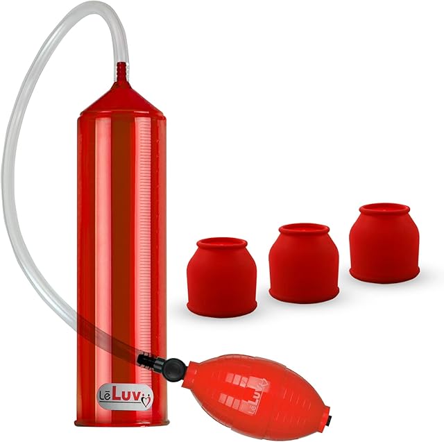 2.25"x9" EasyOp Good Bgrip Red Ball Grip with Clear Graduated Cylinder/Clear Collapse-Resistant Hose Penis Pump with 3 Silicone Medium Sleeves