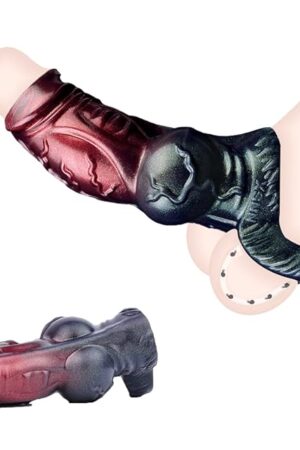 Black and Red Animal Penis Sleeve Girth Enhancer, Large Penis Ring Silicone Sleeve for Male Couples Male Sheath Adult Sex Toys (M)