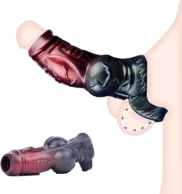 Black and Red Animal Penis Sleeve Girth Enhancer, Large Penis Ring Silicone Sleeve for Male Couples Male Sheath Adult Sex Toys (M)