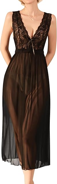 Women's Lingerie V Neck Lace Sheer Sexy Nightdress Backless Mesh Nightgowns Bridal Chemise Sleepwear