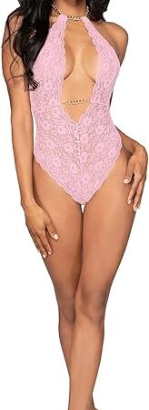 Women's Stretch Lace Halter Teddy & Collar with T-Back & Removable Chain Details Rose Pink