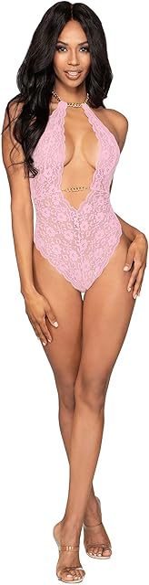 Women's Stretch Lace Halter Teddy & Collar with T-Back & Removable Chain Details Rose Pink